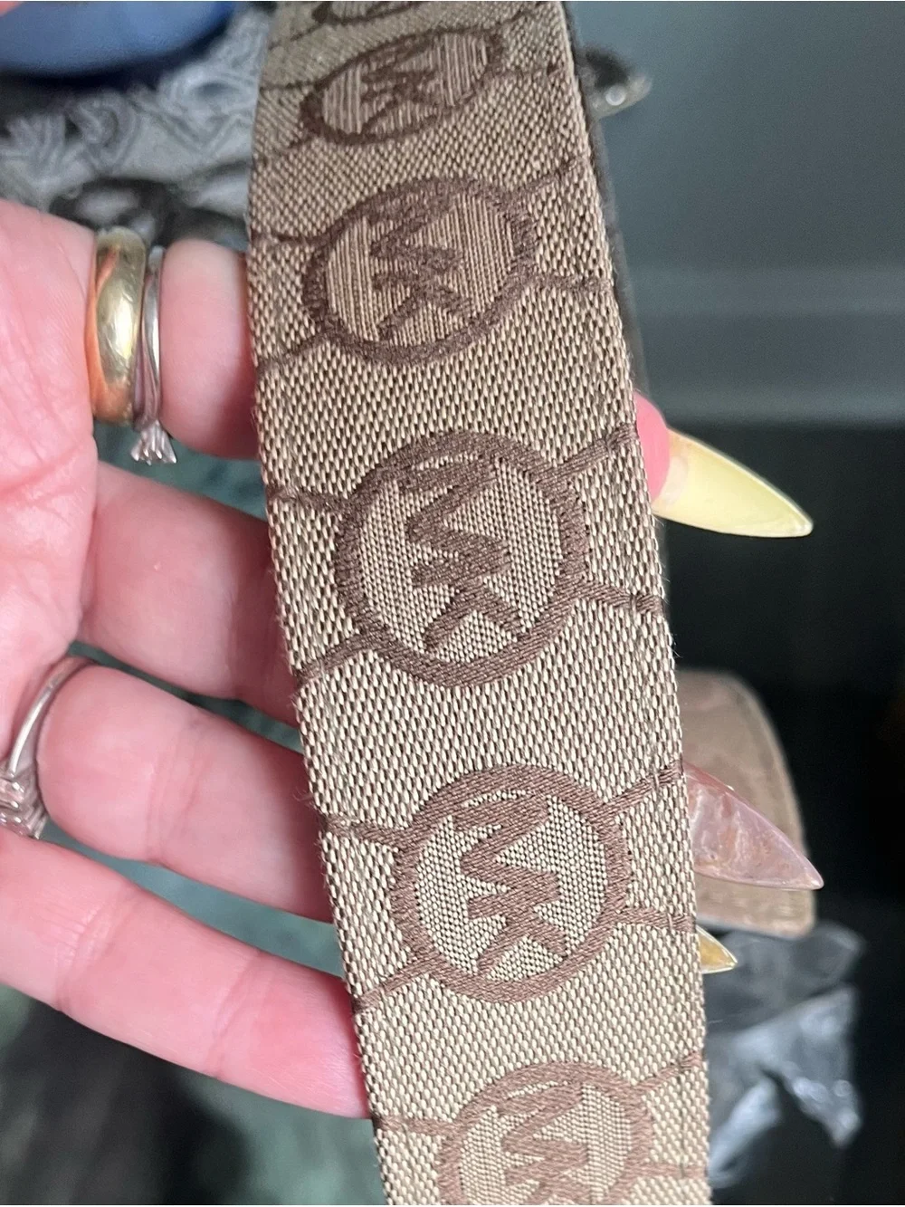 Michael Kors Brown Signature Logo Belt with Gold Buckle, size Large
